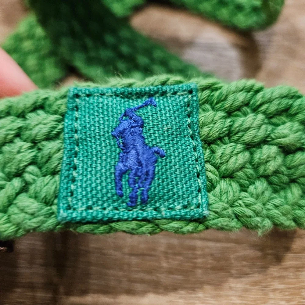 Polo Ralph Lauren Mens Green Braided Cotton Belt Leather Trim D Ring Pony